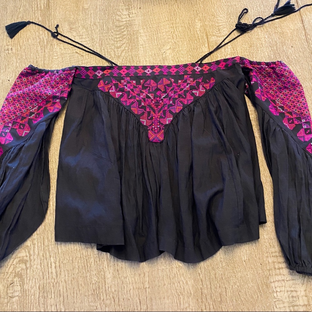 Free People Black Off-the-Shoulder Tie-Top with Pink and Purple Accents!